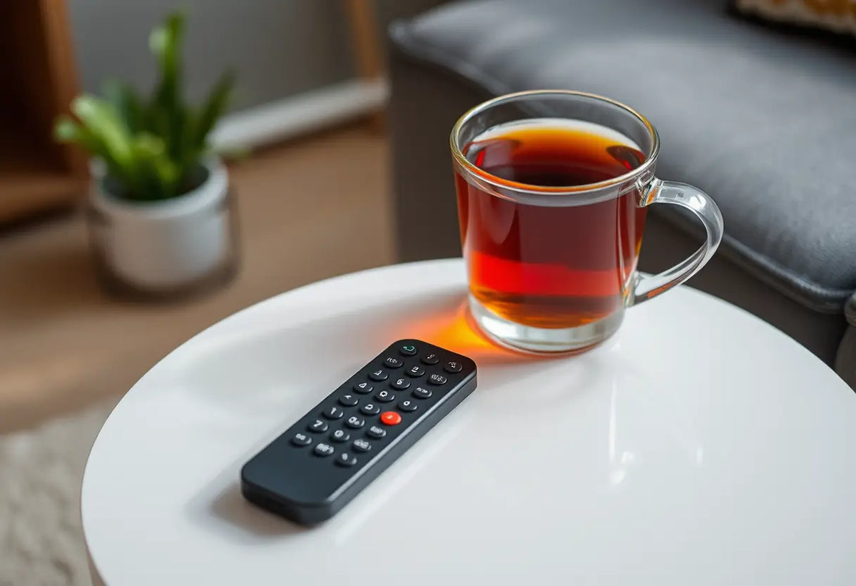 Télécommande posée à côté d'une tasse de thé dans un intérieur moderne
