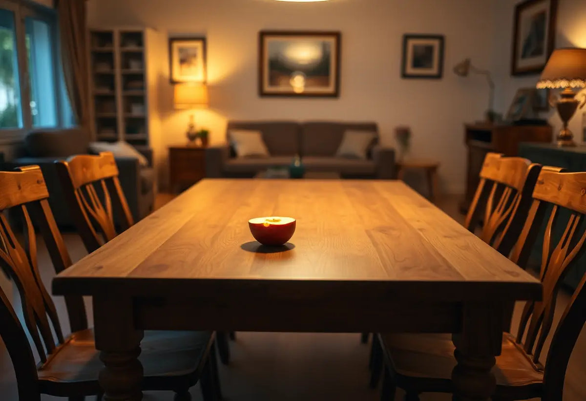 Table de restaurant avec une pomme et des chaises dans un salon accueillant