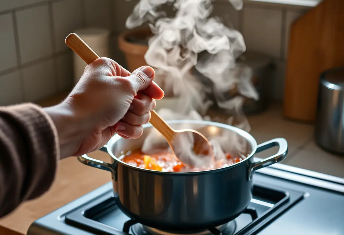 Une main tenant une cuillère de bois au-dessus d'une casserole bouillonnante, illustrant la richesse des expériences de vie