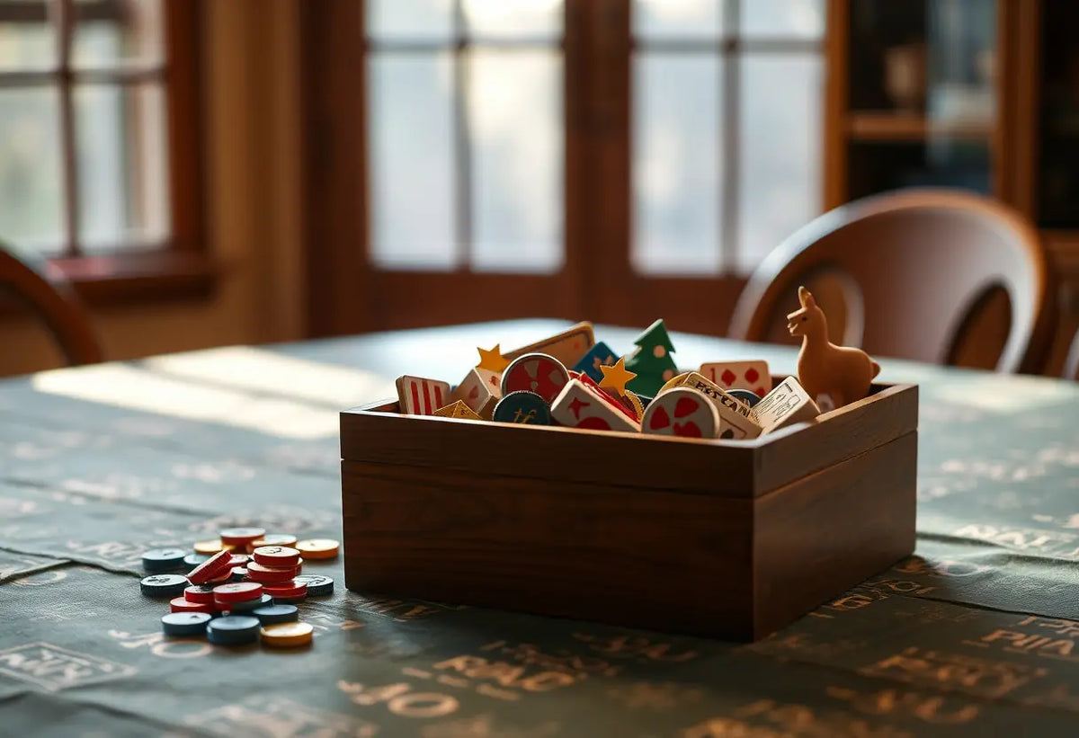 Boîte en bois remplie de jetons de jeu posée sur une table à manger sous la lumière chaude d'une lampe