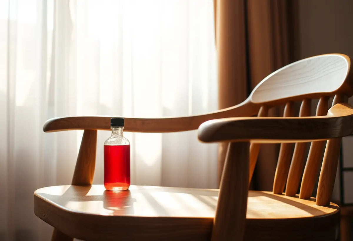 Chaise en bois dans un salon accueillant avec une bouteille remplie de liquide rouge