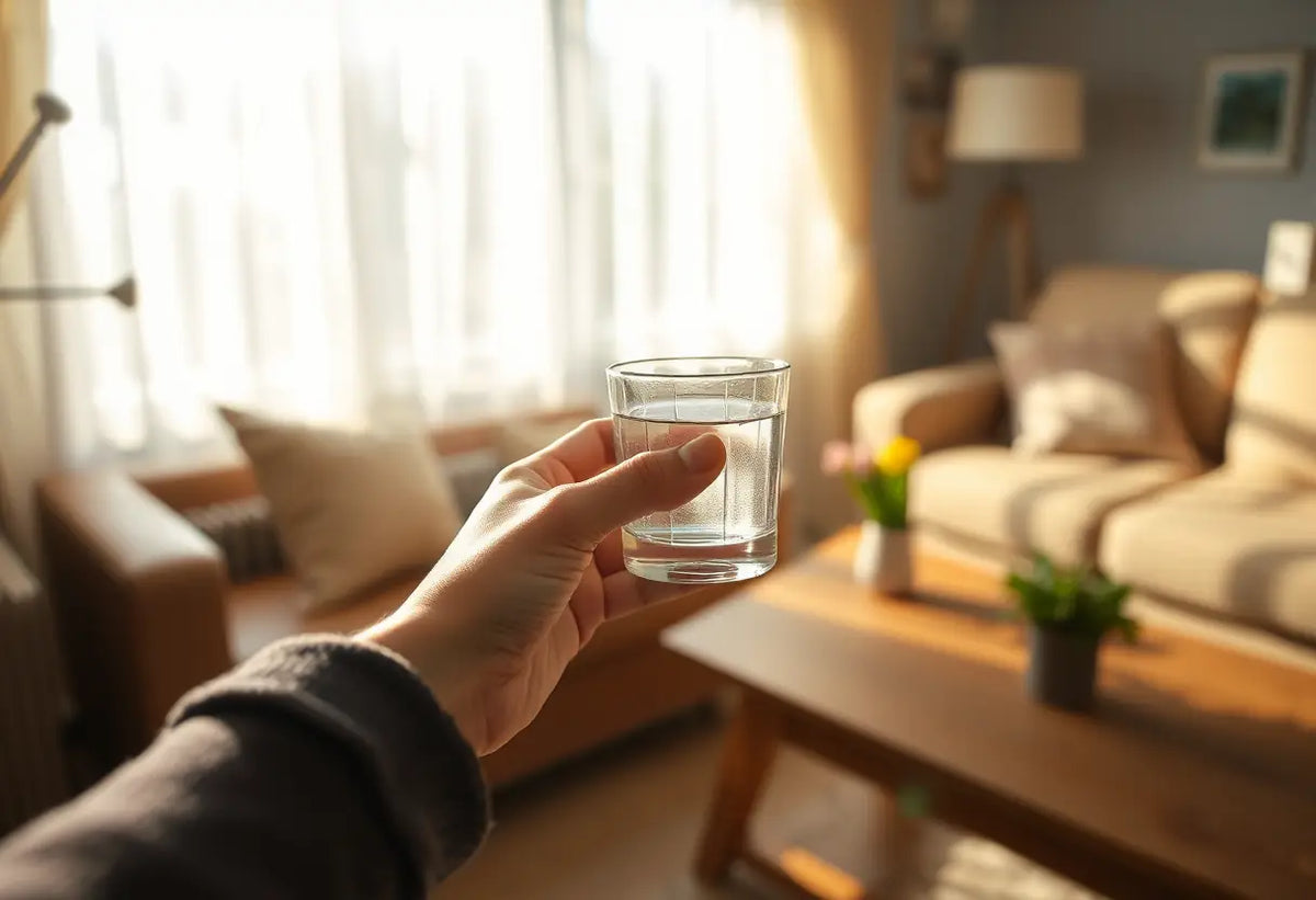 Une main tenant un verre d'eau près d'une table en bois dans un salon accueillant, lumière naturelle tamisée