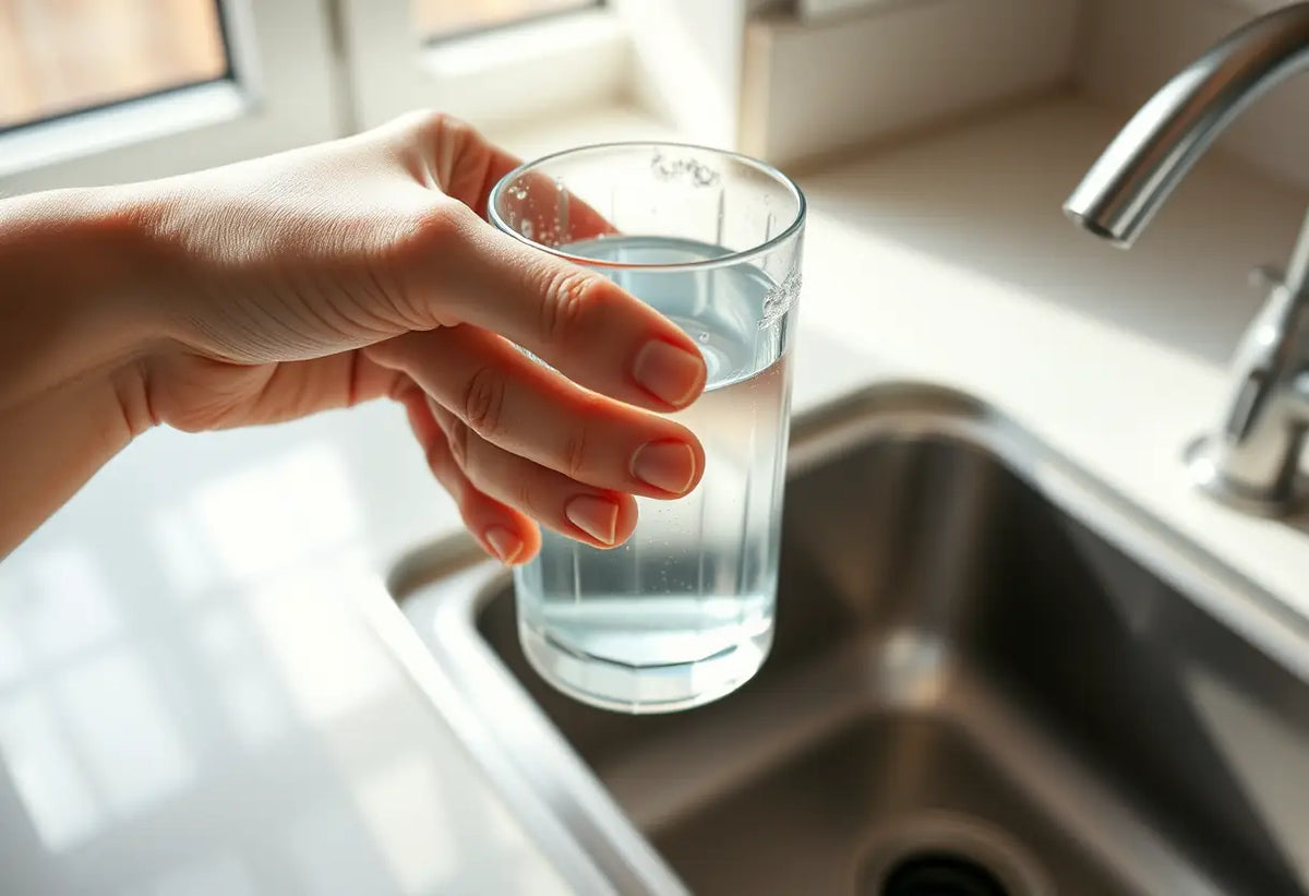 Une main tenant un verre d'eau près d'un évier de cuisine