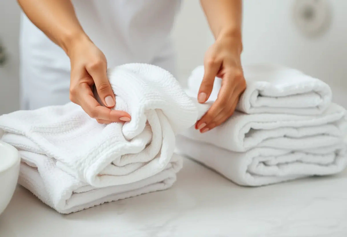 Des mains plient doucement une serviette dans une salle de bains calme