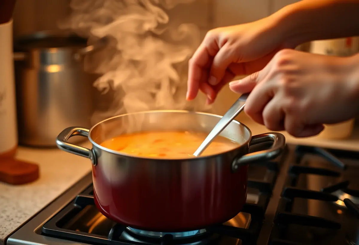 Des mains qui remuent une marmite de soupe sur la cuisinière