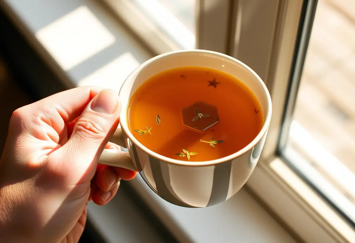 Une main tenant une tasse de thé aux herbes, lumière naturelle