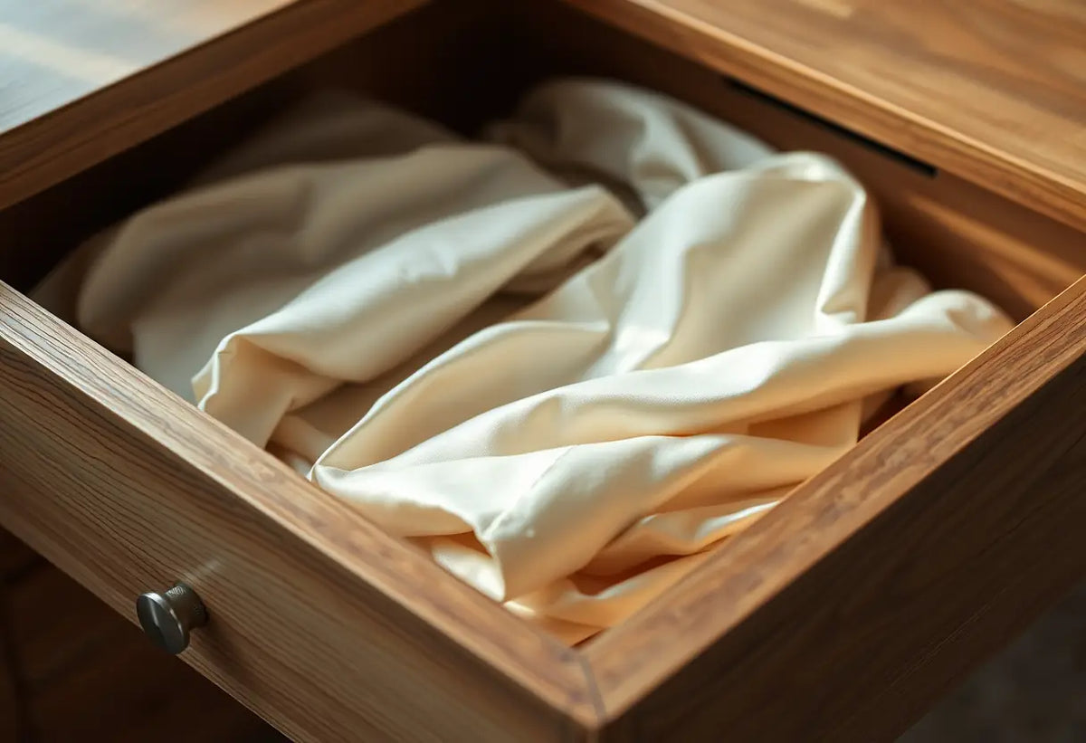 Un tiroir en bois ouvert sur des vêtements en soie pliés
