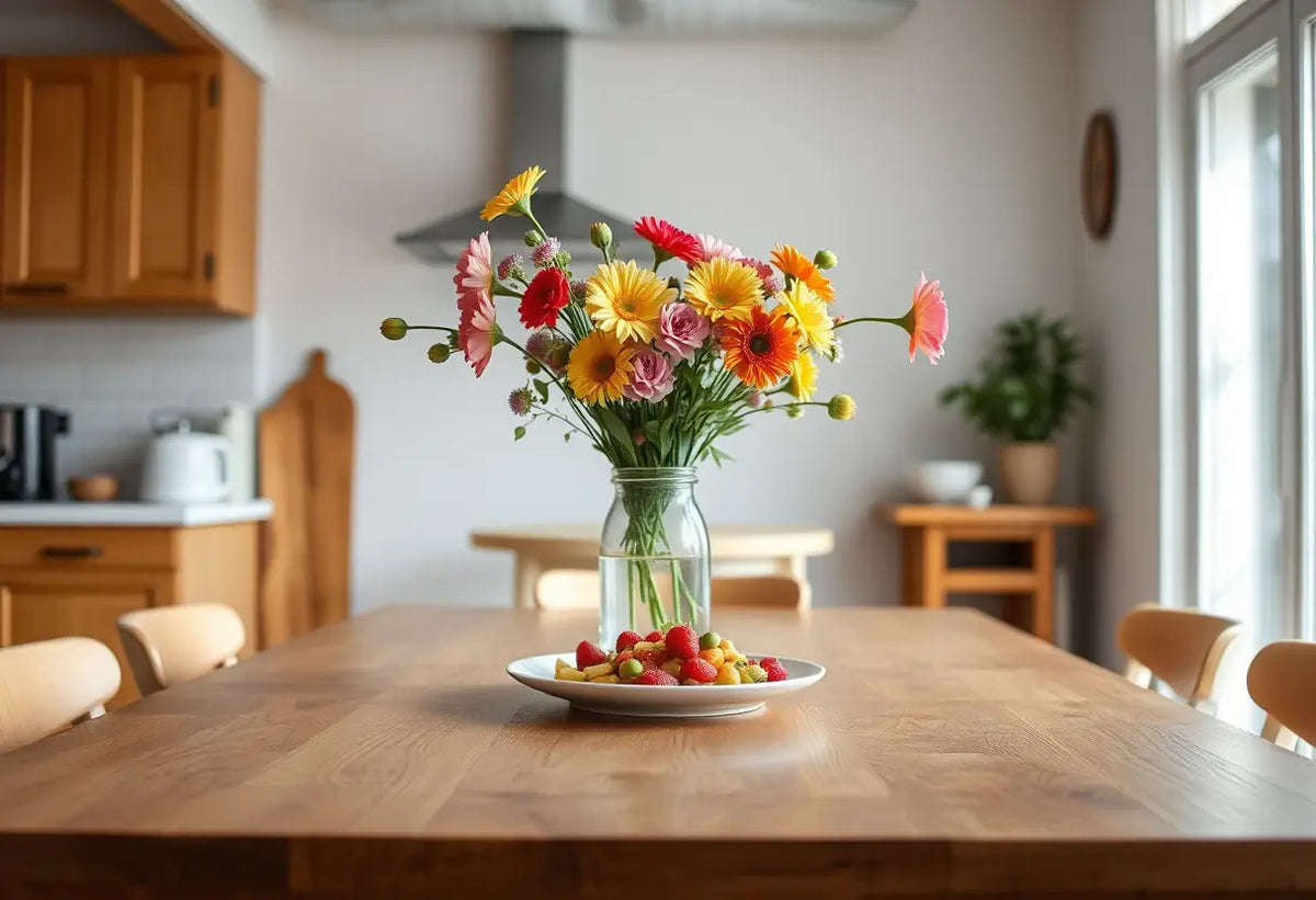 Un buffet avec des fleurs fraîches dans une cuisine baignée de lumière naturelle.