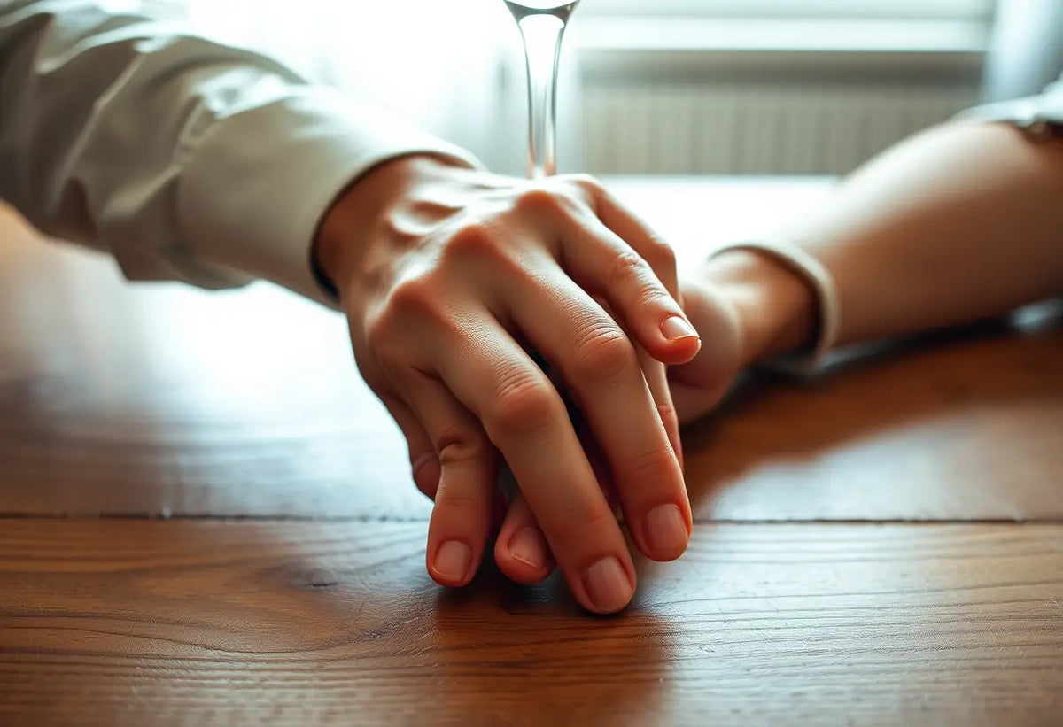 Des mains entrelacées sur une table de repas, près d'un verre de vin.
