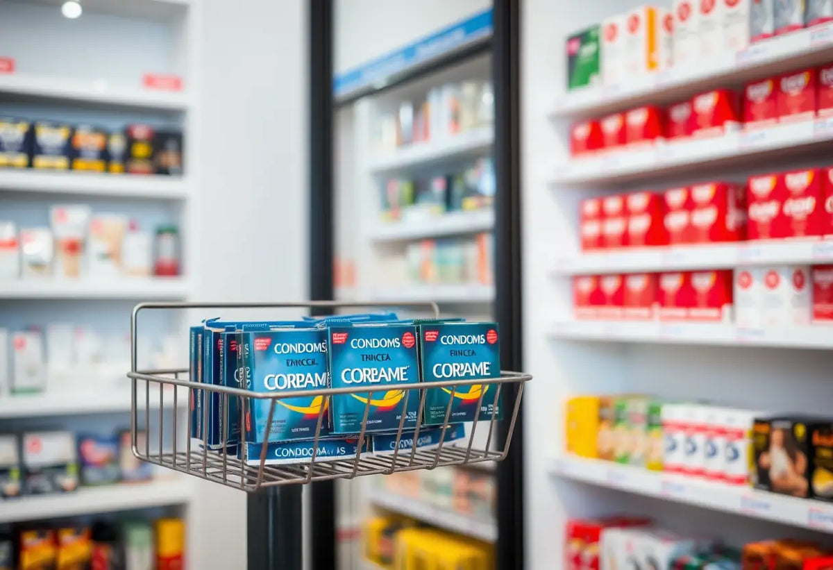 Préservatifs exposés dans un coin lumineux d'une boutique, divers produits derrière