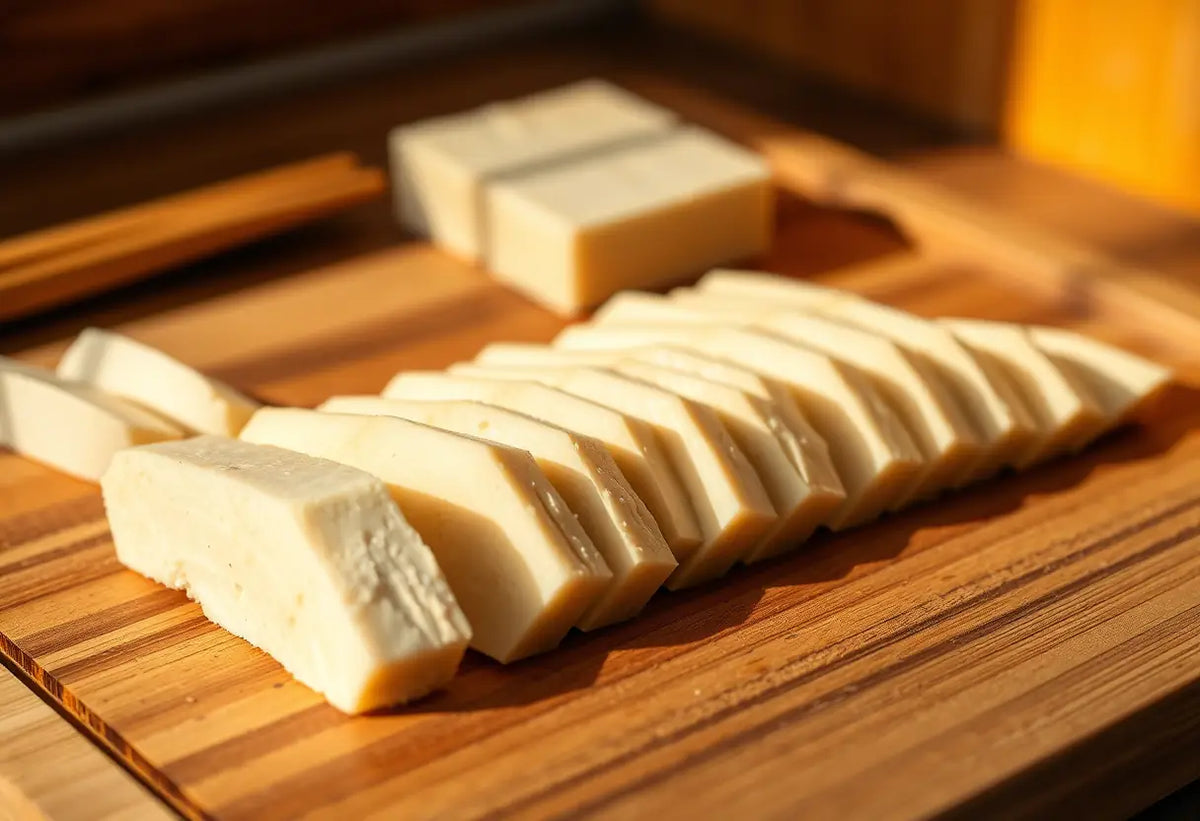 Un plateau en bois garni de tofu frais