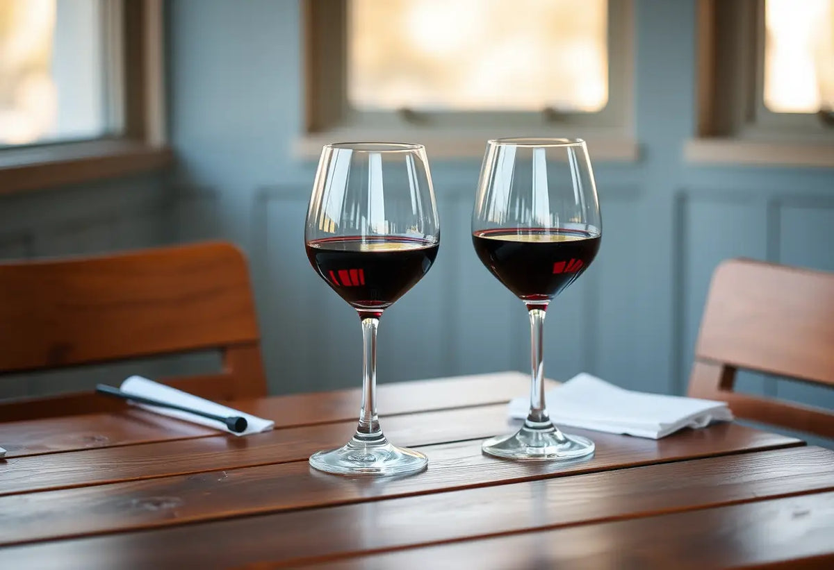 Un couvert pour deux avec deux verres de vin rouge sur une table de salle à manger, illustrant les moments de qualité partagés.