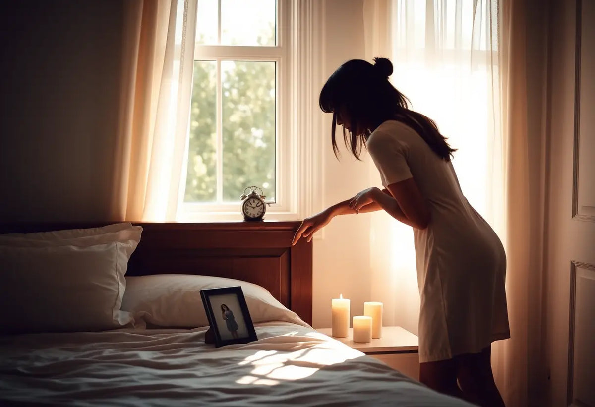 Silhouette allumant une bougie sur une commode, représentation du soin et de la chaleur dans une relation.