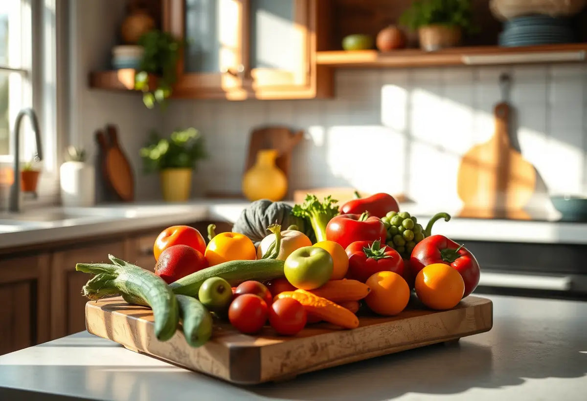 Un plan de travail en bois avec des fruits et légumes dans la cuisine