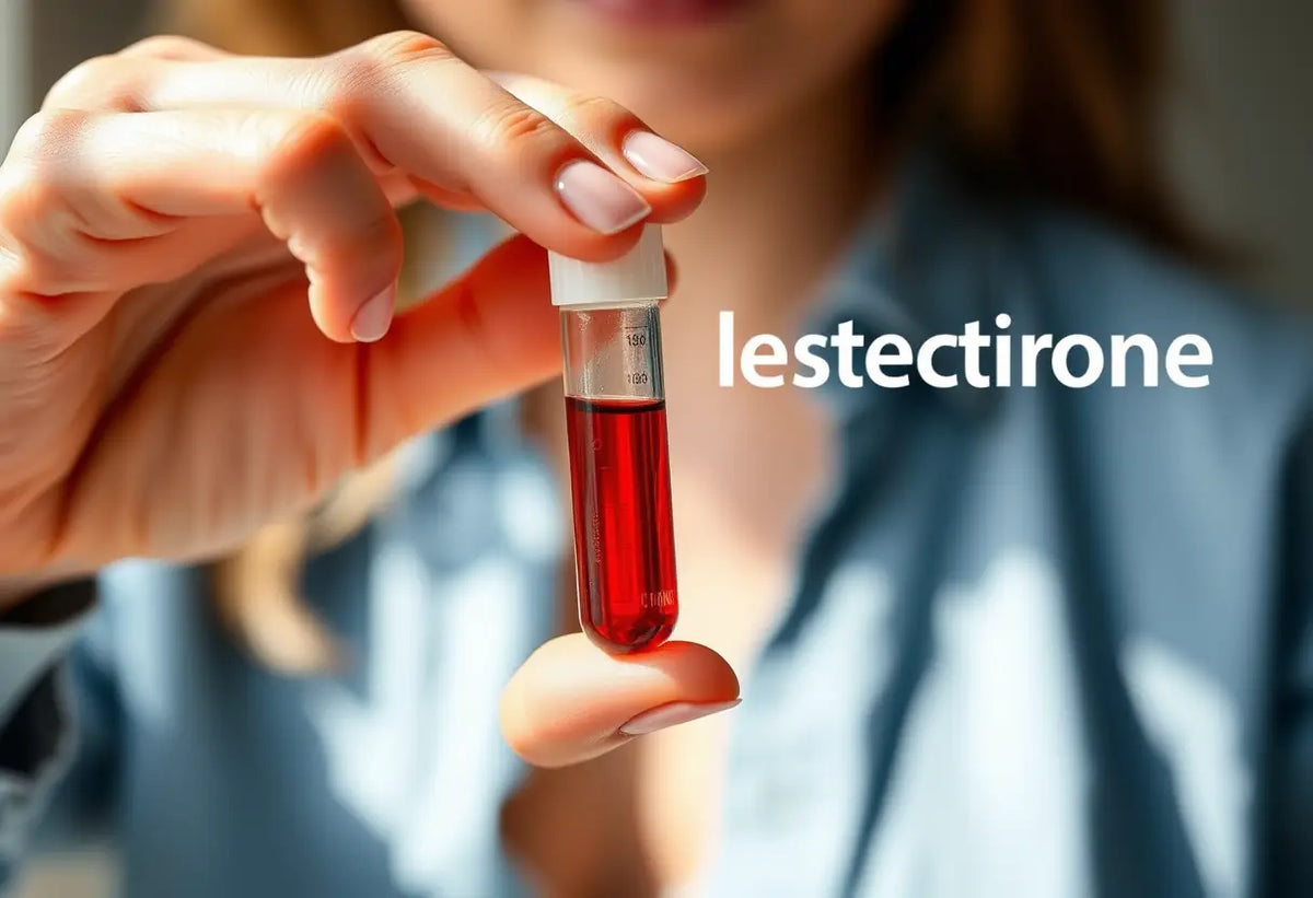 Une main tenant un flacon de liquide rouge, symbole des niveaux de testostérone.