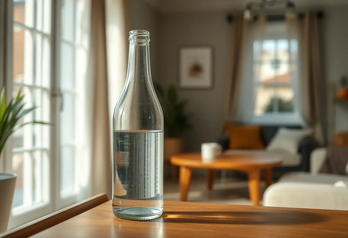 Une bouteille d'eau sur une étagère dans un salon chaleureux