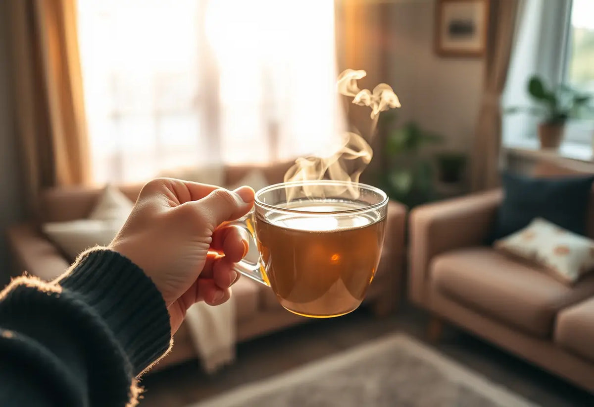 Une main tenant une tasse de thé chaud dans un salon accueillant, sujet de confiance