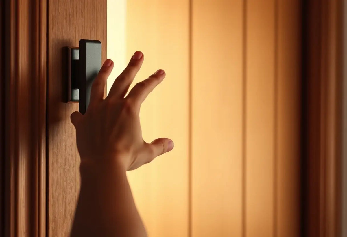 Main de homme tendue vers une porte en bois, invitant à entrer