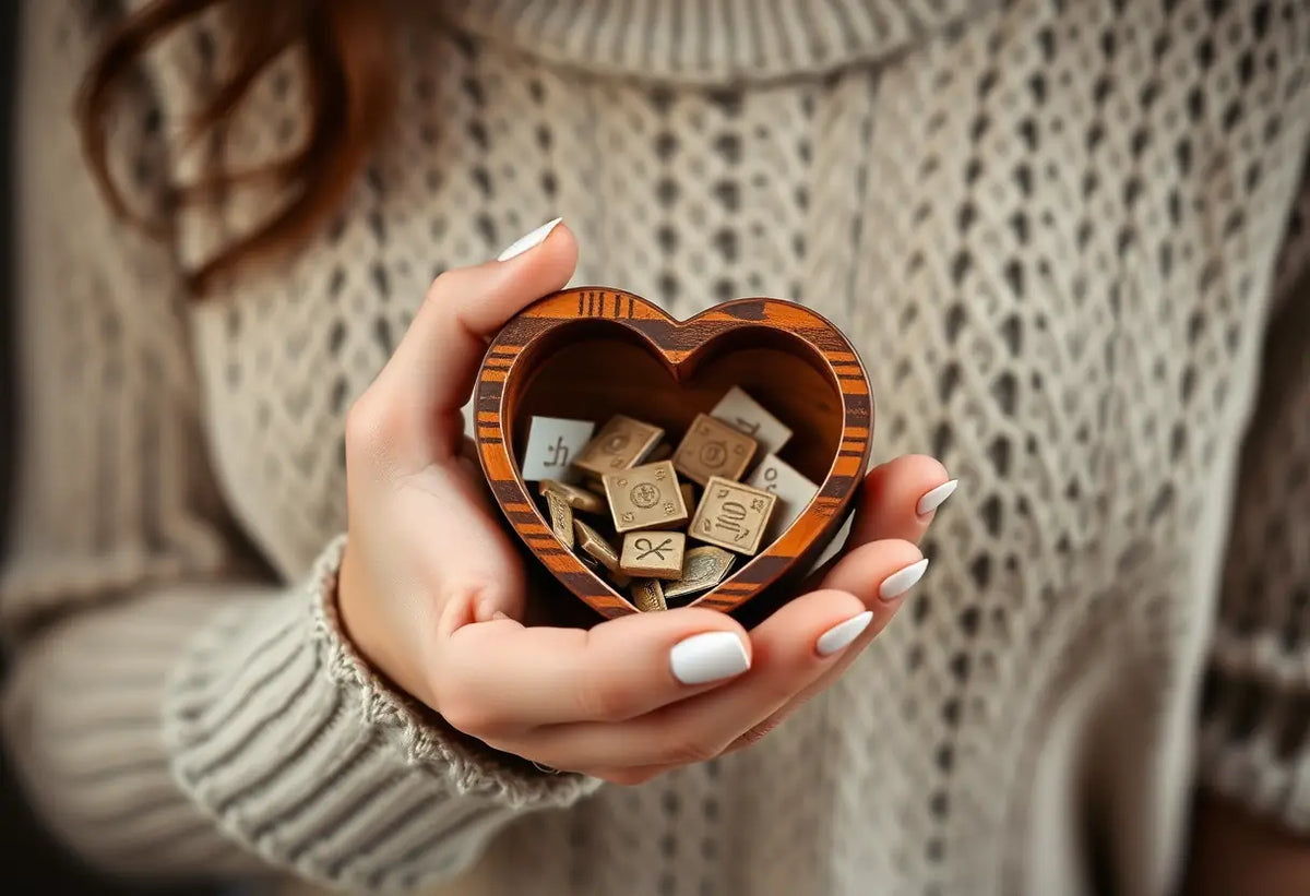 Une main féminine tient une boîte en bois contenant des jetons symbolisant la libération sexuelle