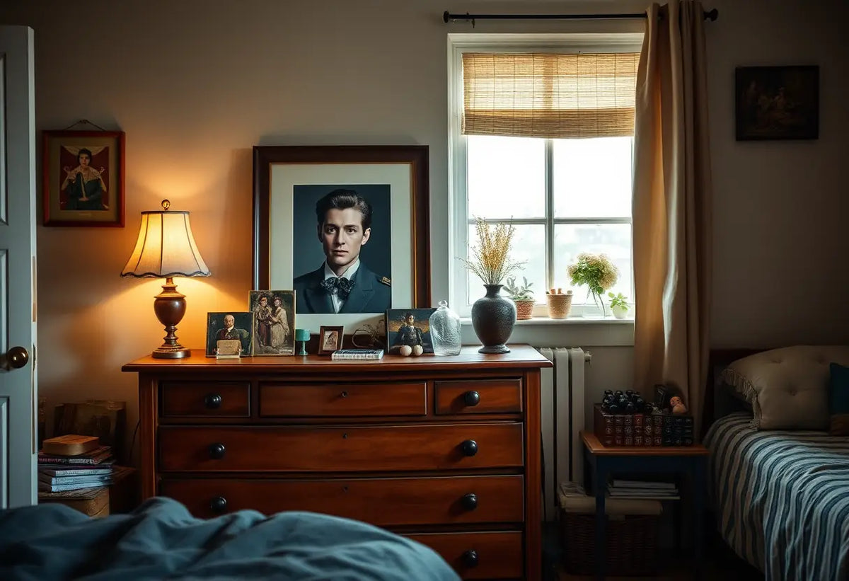 Une commode en bois pleine de babioles dans une chambre douillette