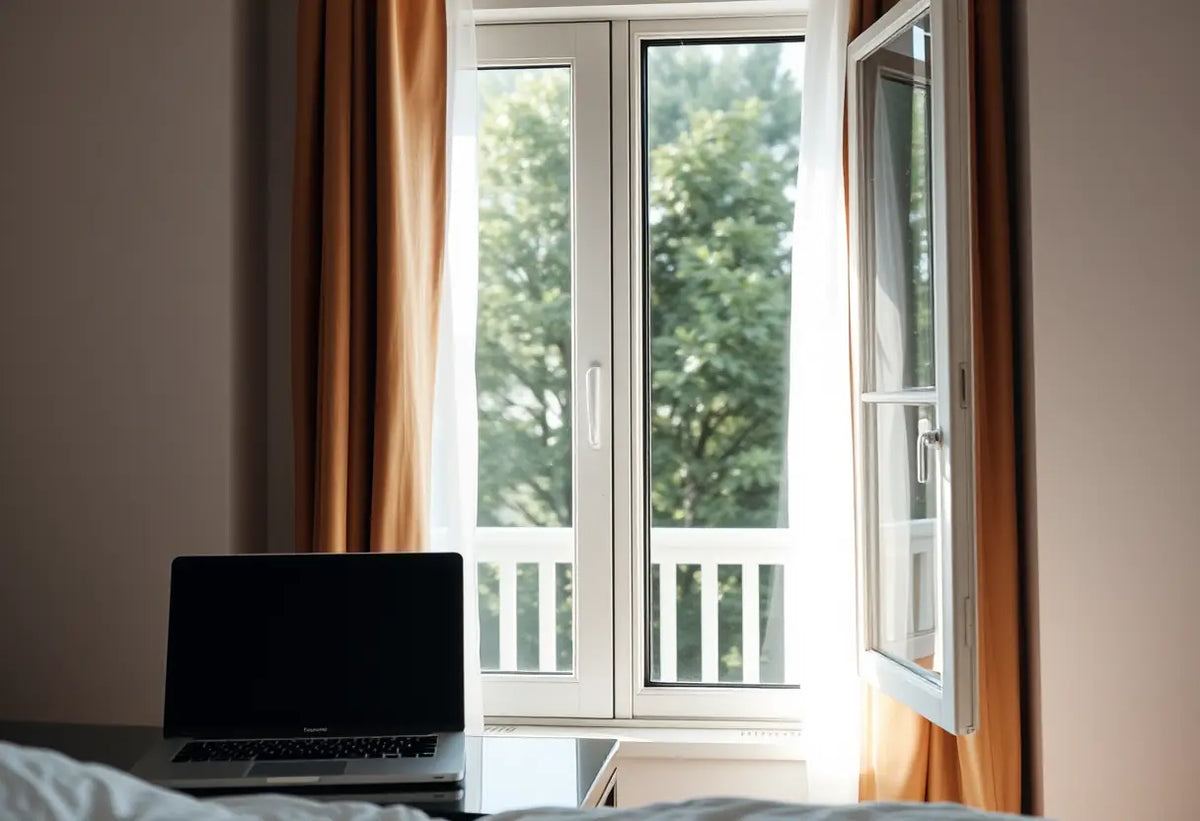 Une fenêtre ouverte dans une chambre, rideaux qui se balancent doucement dans la brise, un bureau avec un ordinateur visible, lumière naturelle