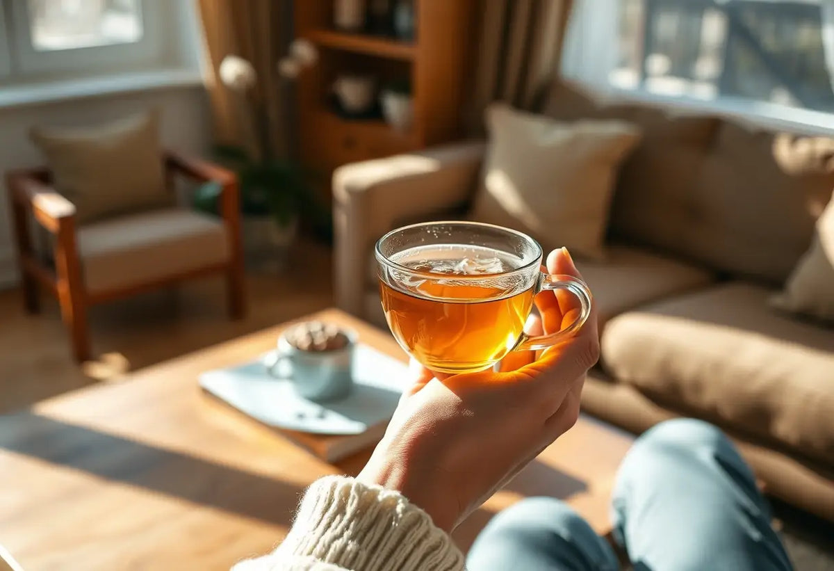 Une main tenant une tasse de thé aux fleurs de sureau dans un salon accueillant, pour illustrer la détente après l'accouchement.