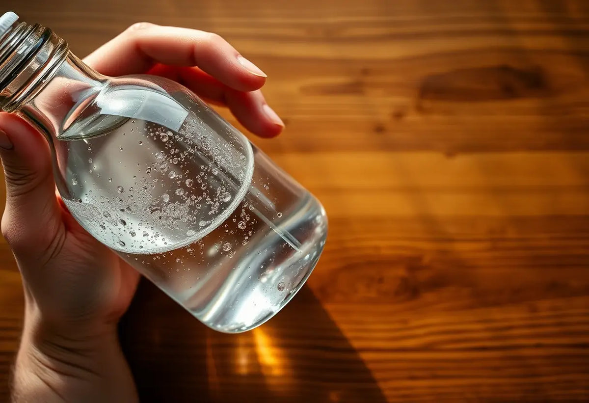 Une main tenant une bouteille en verre remplie de liquide clair sur une table en bois