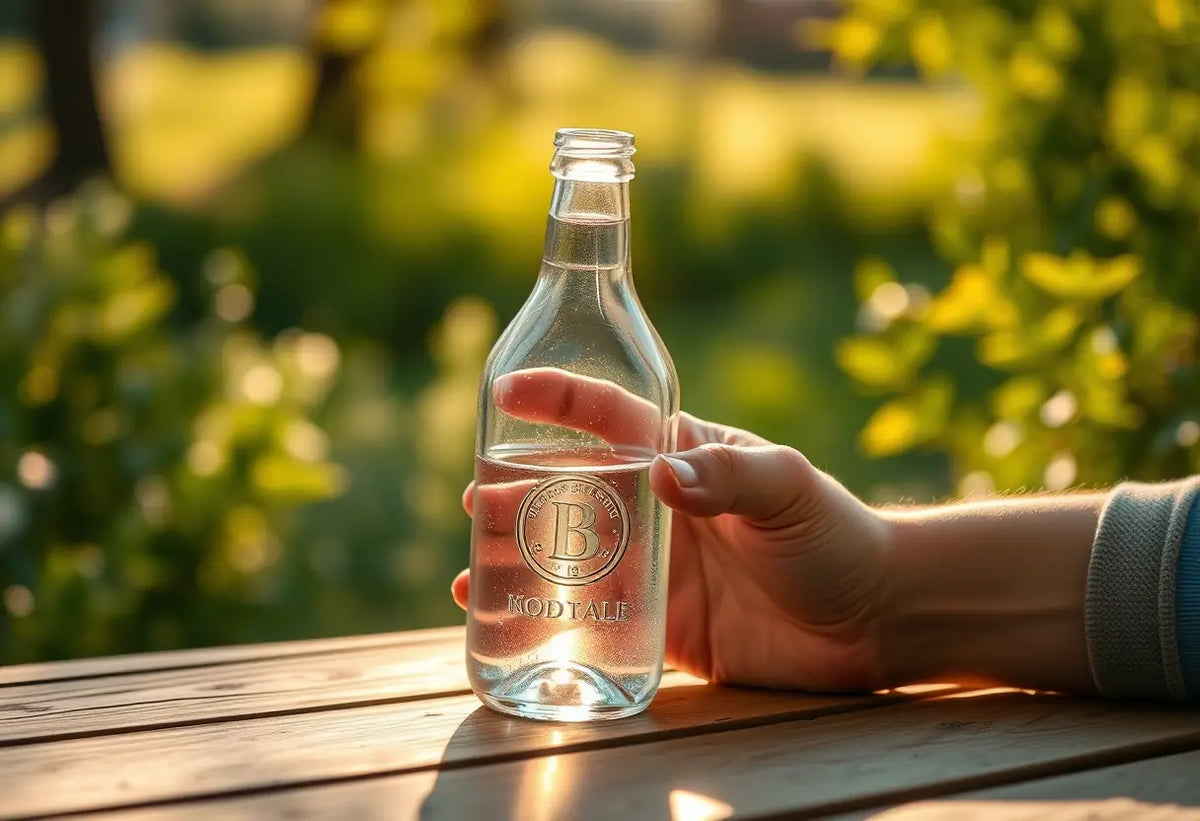 Une main tenant une bouteille remplie d'un liquide clair posée sur une table en bois, lumière naturelle du soir.