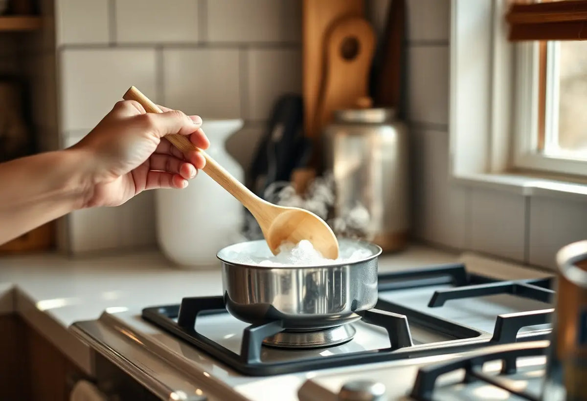 Une main tenant une cuillère en bois dans une cuisine accueillante