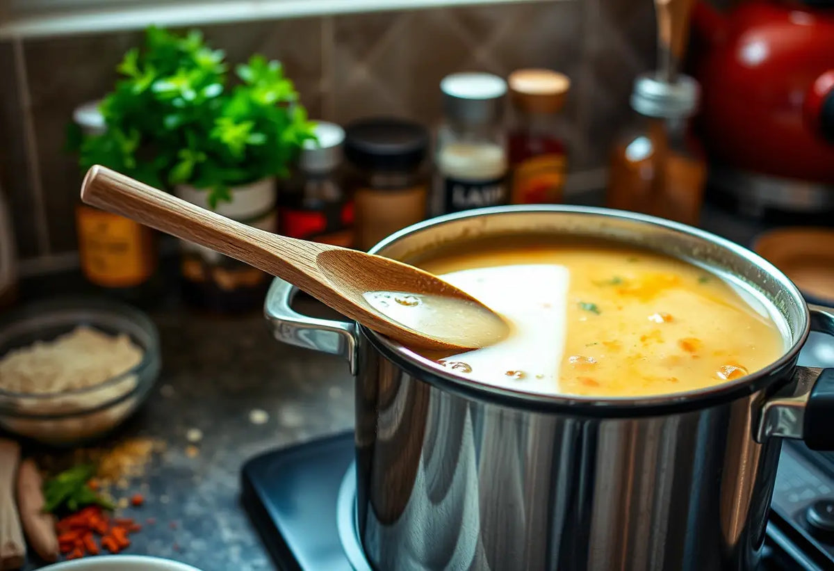 Cuillère en bois qui remue une marmite de soupe sur un comptoir de cuisine, éclairée par la lumière naturelle