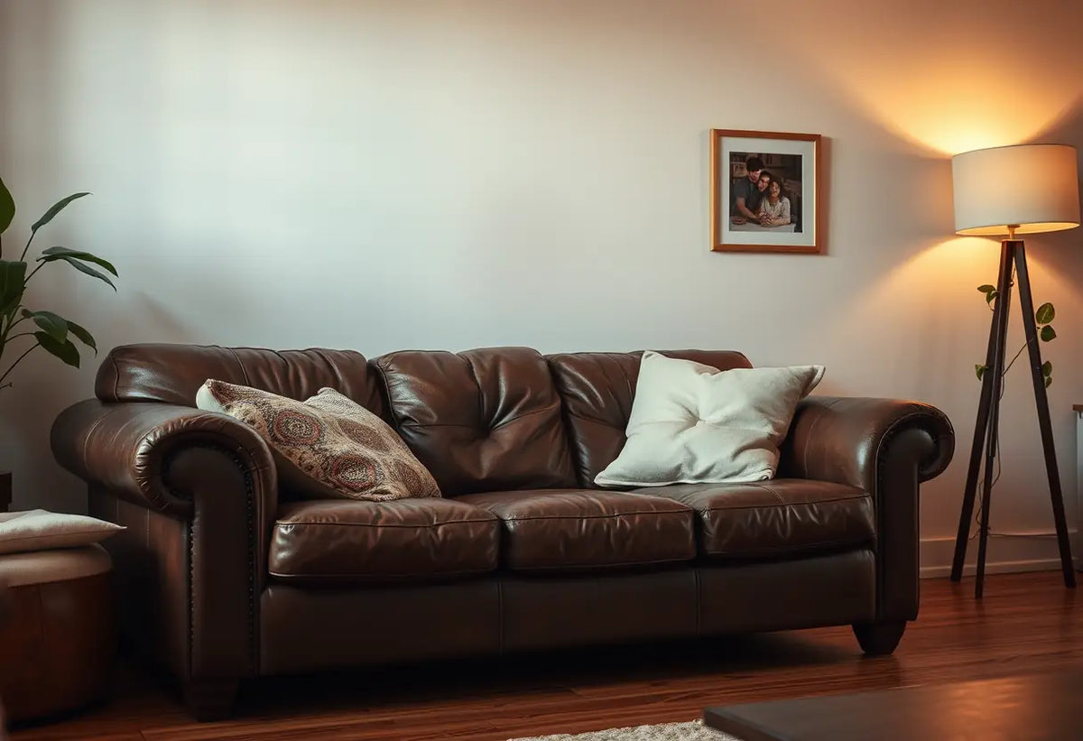 Un canapé usé dans un salon, symbolisant la nécessité de revisiter les moments heureux pour revitaliser la relation.