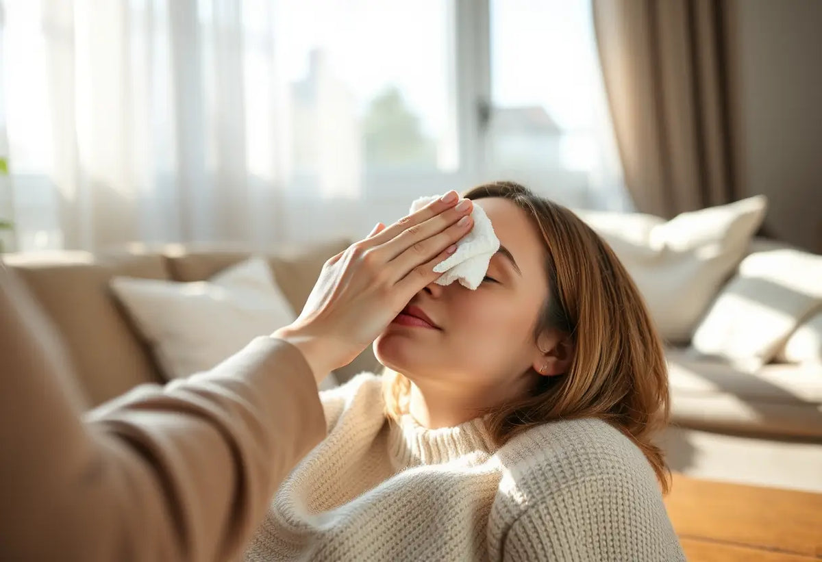 Main du bien-être posant un compresse chaud sur les yeux