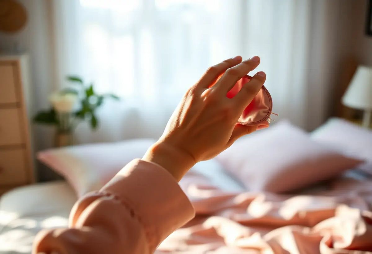 Main du dormeur appliquant un masque oculaire en soie de mûrier, sommeil réparateur