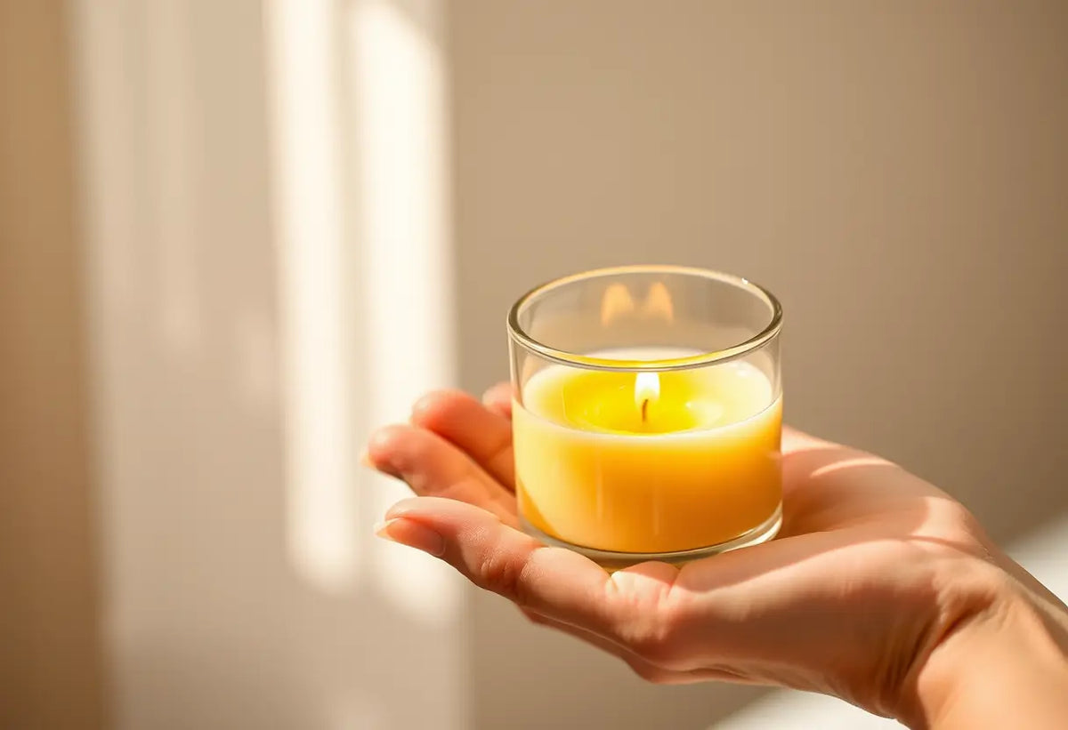 Une main tenant un contenant en verre avec de la cire parfumée pour un massage relaxant