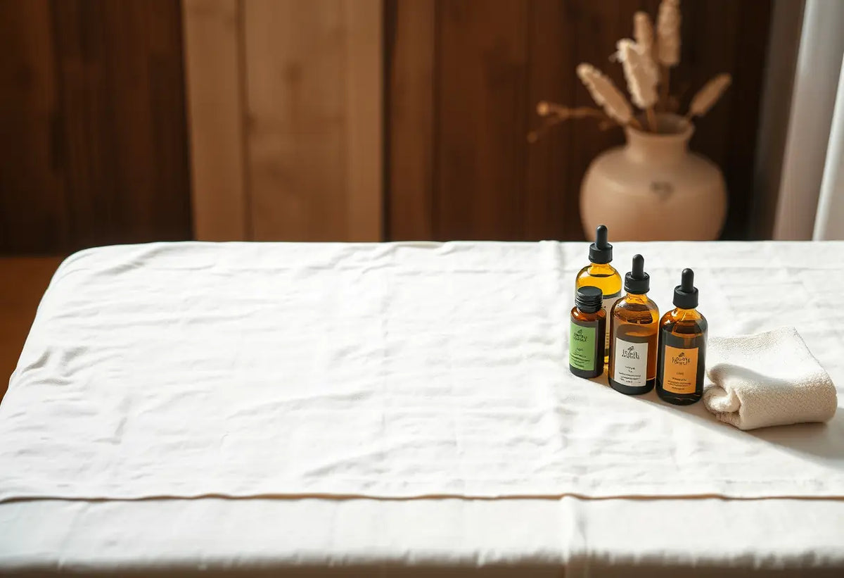 Un guéridon blanc avec des bouteilles d'huile de massage