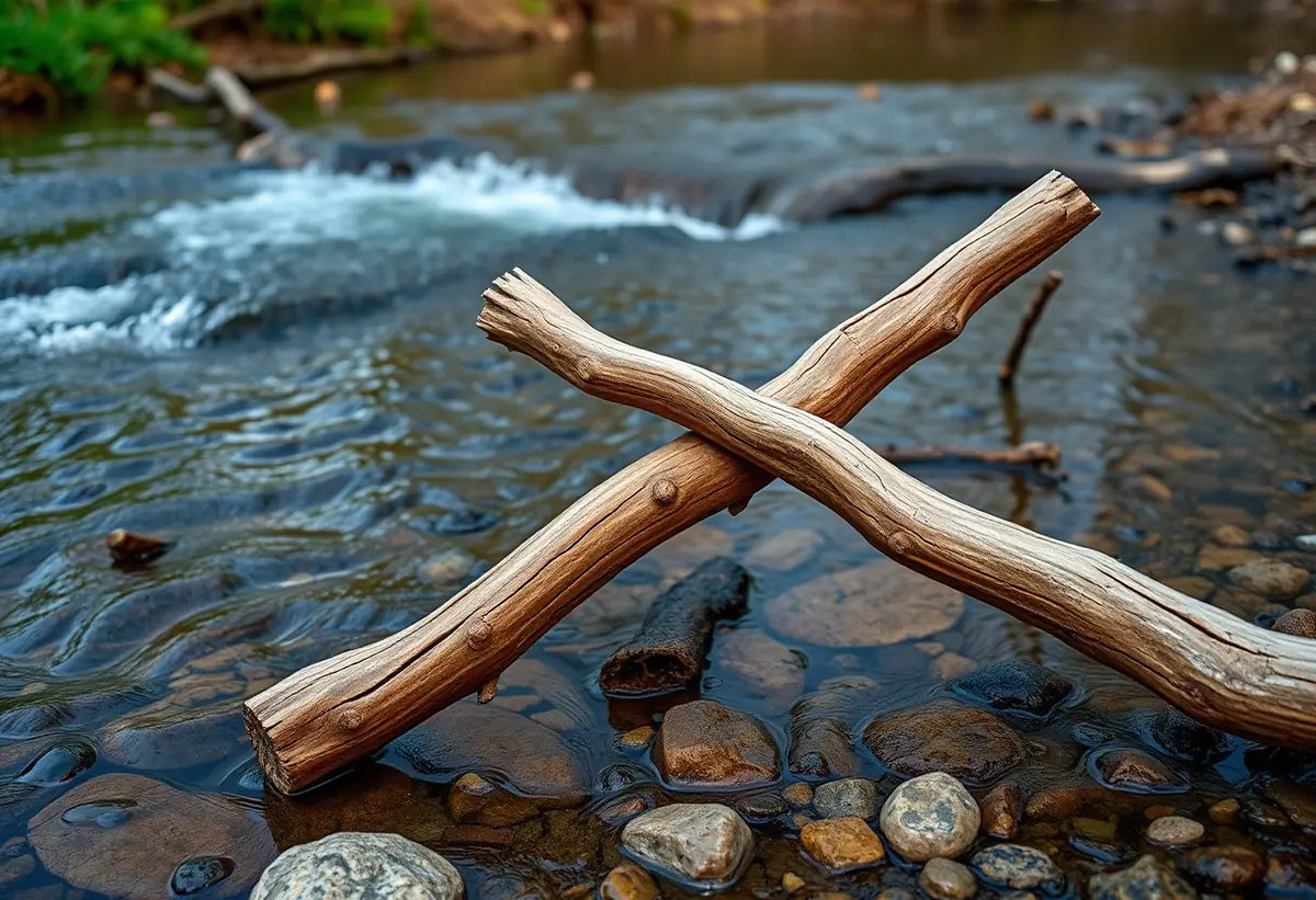 Bâtons de bois entrelacés près d’un cours d’eau calme, représentant l’harmonie et l’équilibre