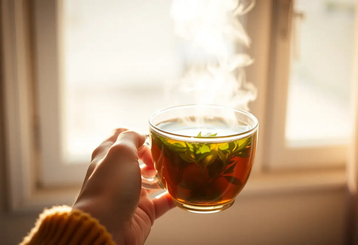 Une main tenant une tasse de thé chaud aux herbes, éclairée par la lumière du soleil.