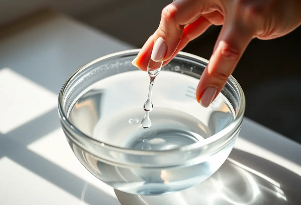 Une main féminine mélange doucement une substance liquide dans un bol, sans texte, bien-être féminin