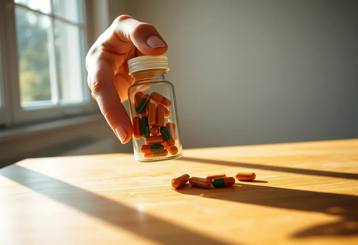Une main tenant une petite bouteille avec des capsules sur une table en bois, lumière naturelle