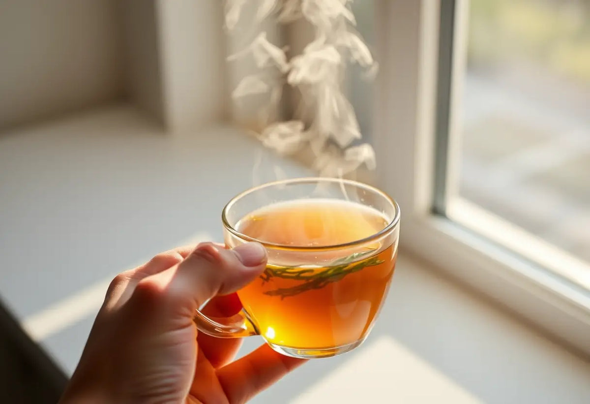 Une main tenant une tasse de thé herboriste, la lumière du soleil fait briller la vapeur