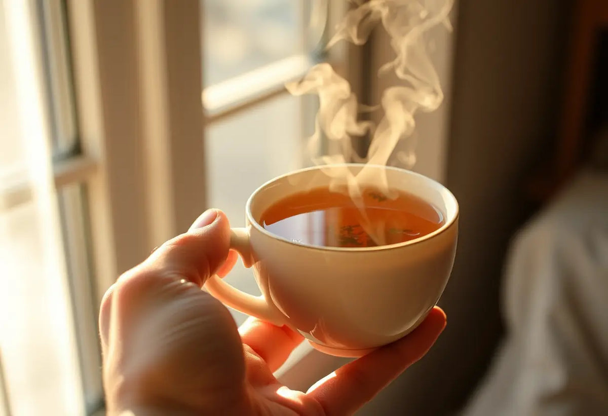 Une main tenant une tasse de thé aux herbes, lumière naturelle