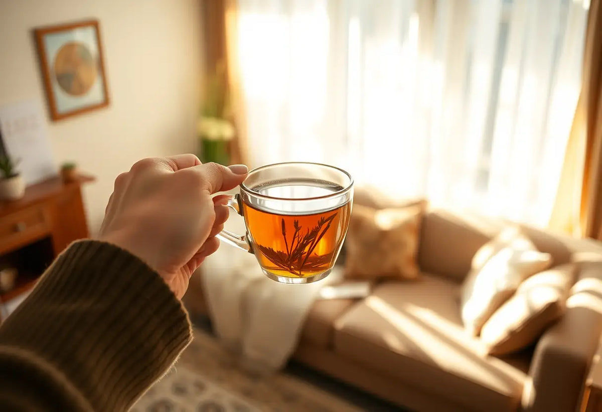 Une main tenant une tasse de thé herbeux dans une pièce accueillante, thème de la ménopause