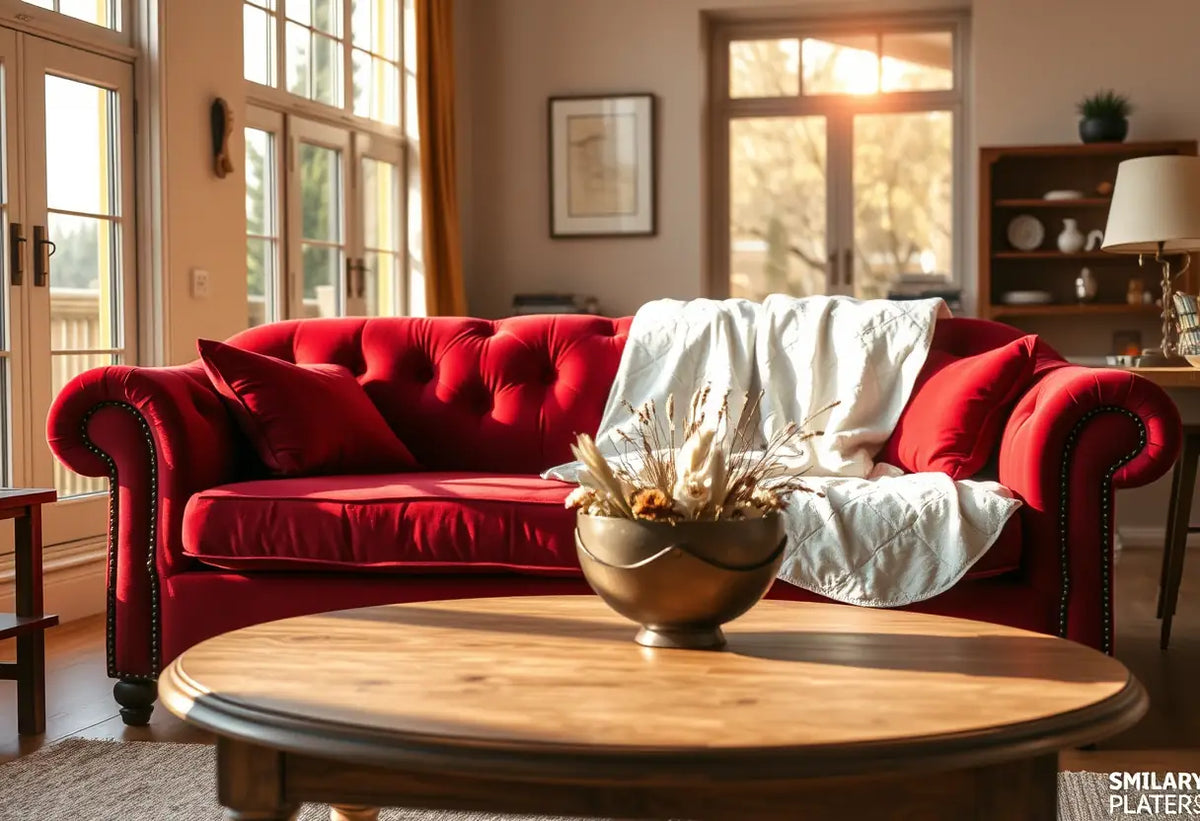Canapé rouge dans une pièce lumineuse avec un couvre-poil