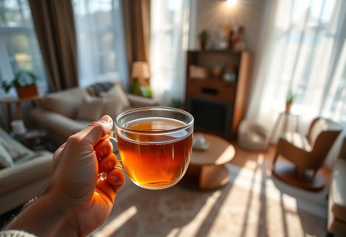 Une main tenant une tasse de thé herboriste dans un salon accueillant, lumière naturelle