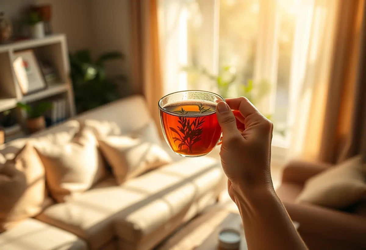 Une main tenant une tasse de thé herbeux dans un salon accueillant, lumière chaude filtrant
