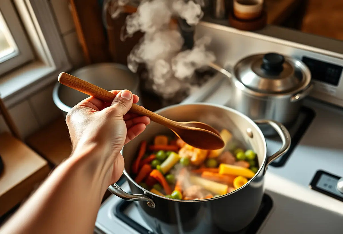 Main dans une cuisine pendant la préparation d'un repas sain