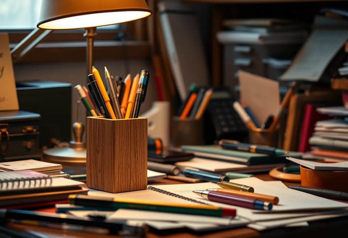 Un porte-plume en bois sur un bureau chargé d'articles de bureau, éclairage doux