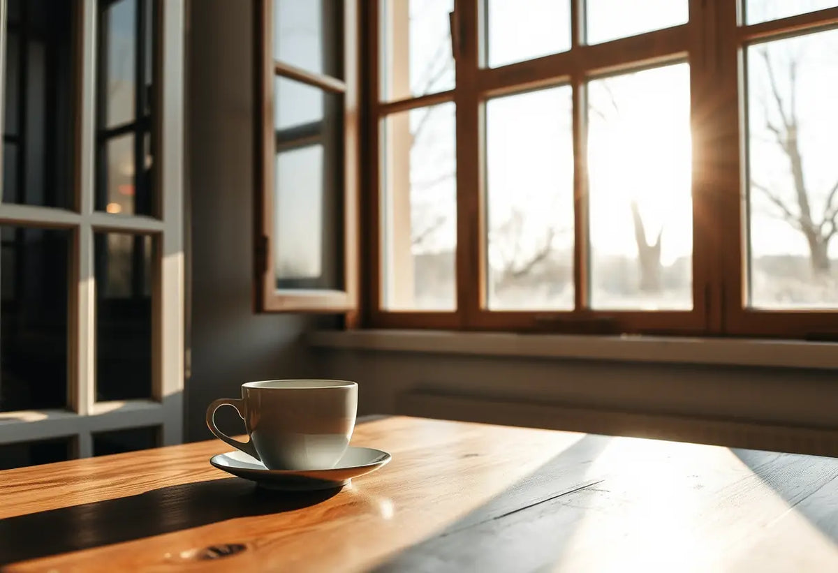 Une table en bois avec une tasse de café devant une fenêtre ouverte, la lumière du soleil filtre à travers, mettant en valeur l'espace personnel et la réflexion