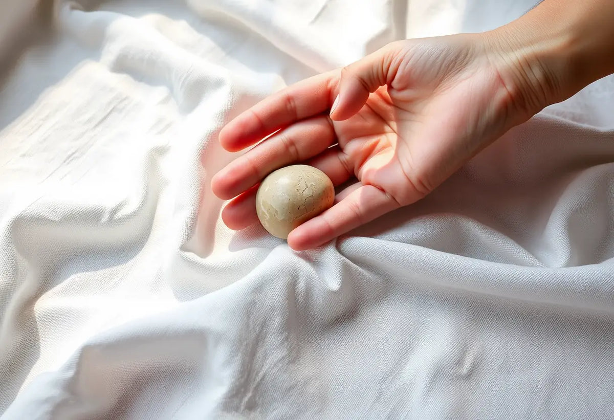 Main posant doucement une pierre lisse sur un tissu blanc, symbolisant ancrage et connexion aux énergies terrestres.