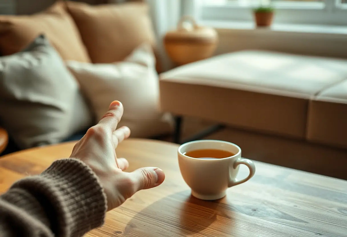 Une main tenant une tasse de thé chaud dans un salon accueillant